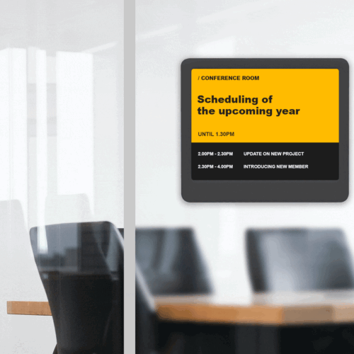 Room signage and office signage with electronic signs is a simple way to manage meeting spaces and display up-to-date schedules in real-time. Connected to your calendar, meeting reservation system or other data sources, the electronic meeting and conference room signs are automatically updated via a wireless network.