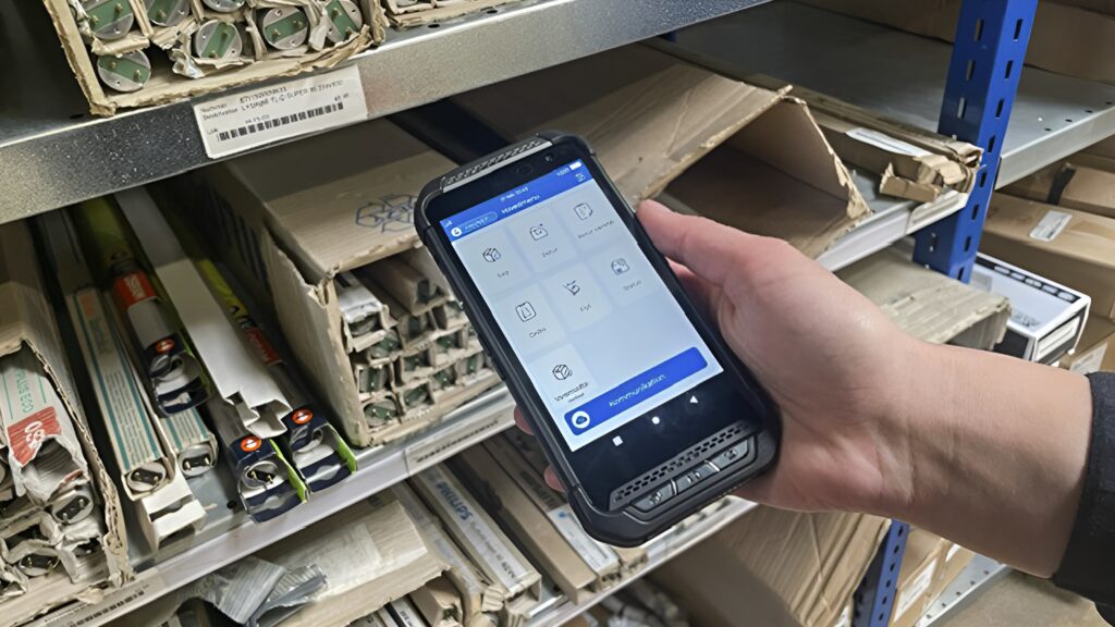 En hånd holder en Delfi PM85 håndterminal i et lager med hylder og produkter.